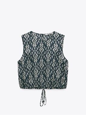 Zara Sleeveless Drawstring Crop Top - Navy  & White Ikat Print